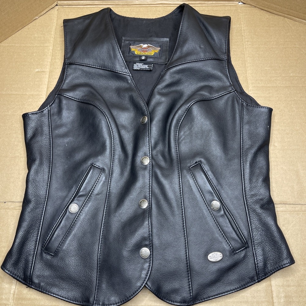 Harley-Davidson Women's Medium Genuine Leather Vest Made USA Black Snap Vest